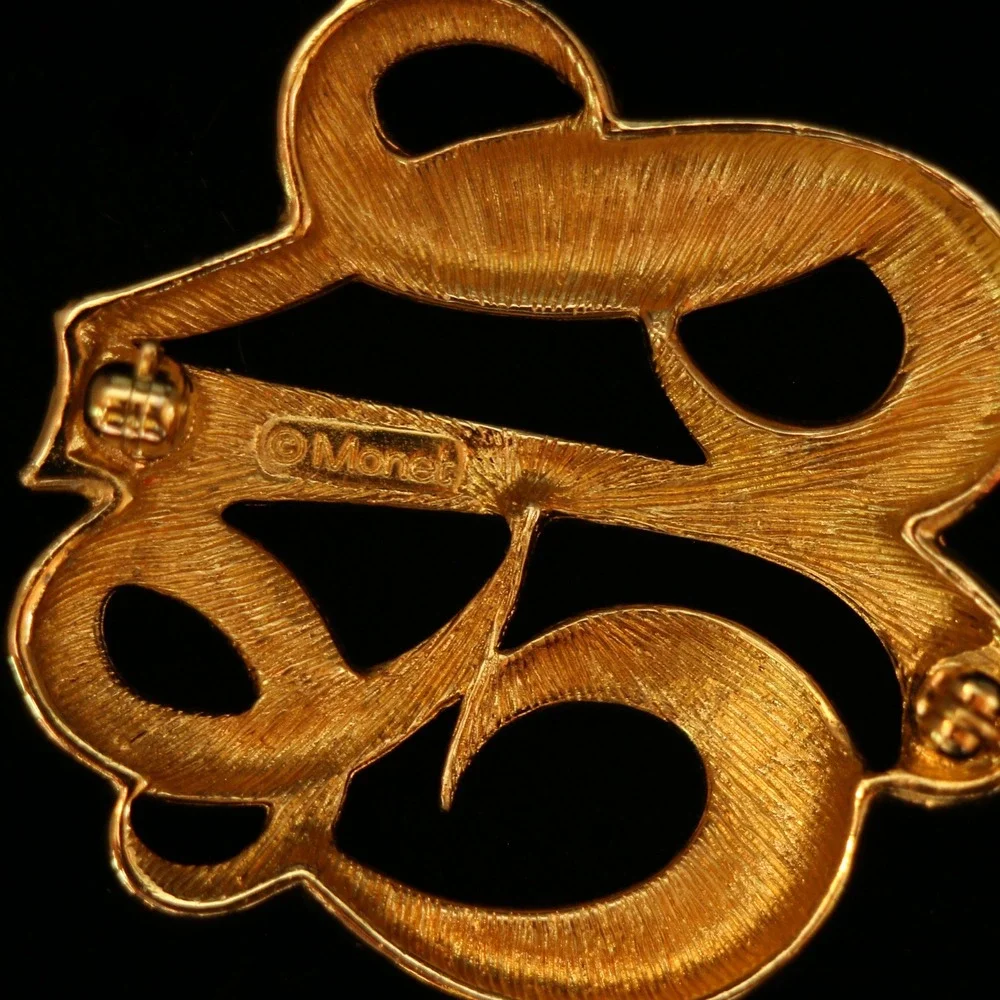Monet Vintage Gold Tone Abstract Ribbon Brooch Pin Openwork Modernist Design
